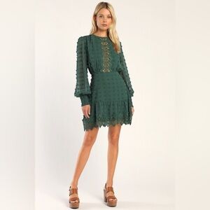 Lulus| Lust or Love Emerald Green Embroidered Lace Long Sleeve Dress Size Med